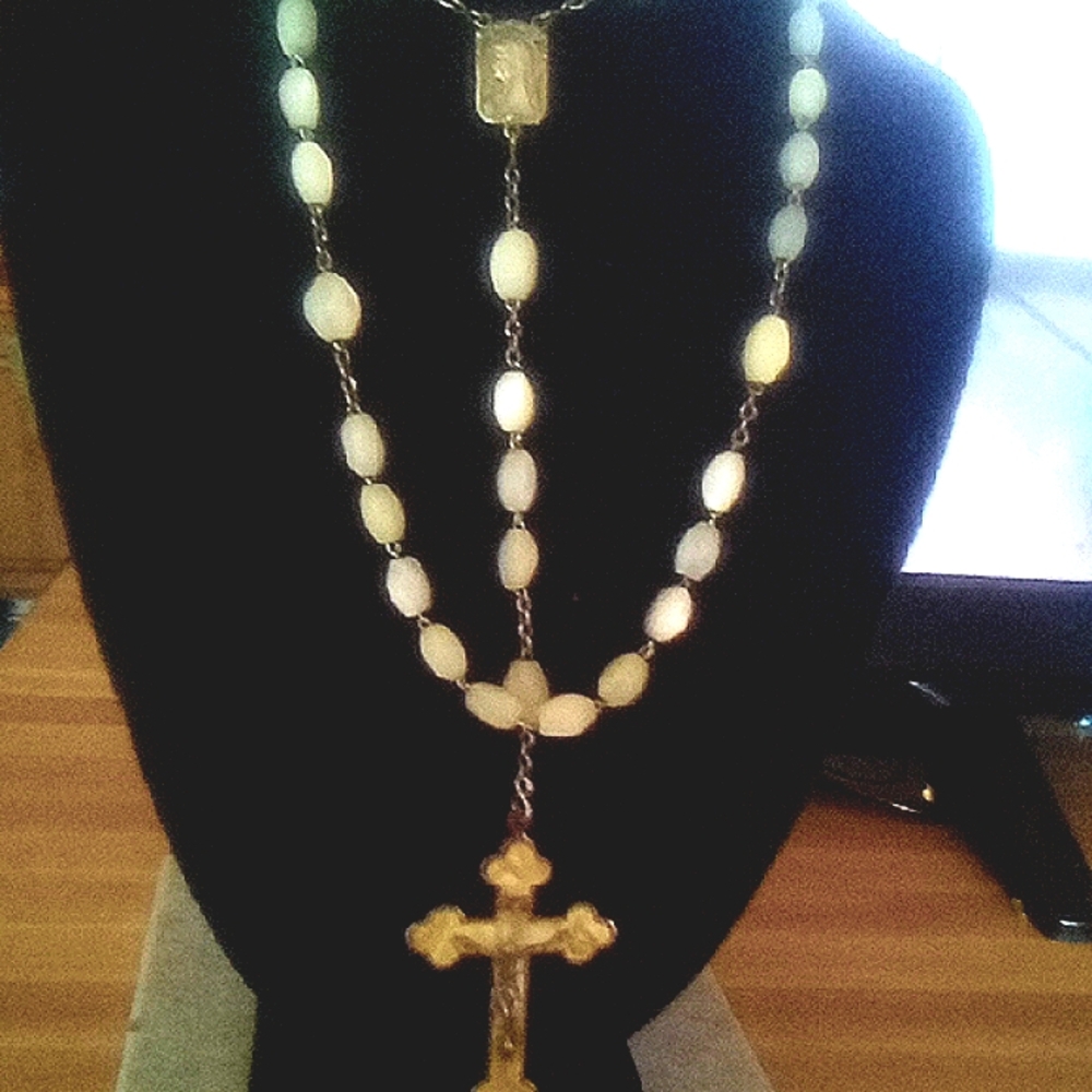 Antique Mother Of Pearl Silver Necklace with Rosary Design